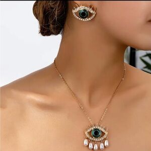 Evil Eye Necklace & Earring Set – Gold Tone w/ Pearls & Crystals